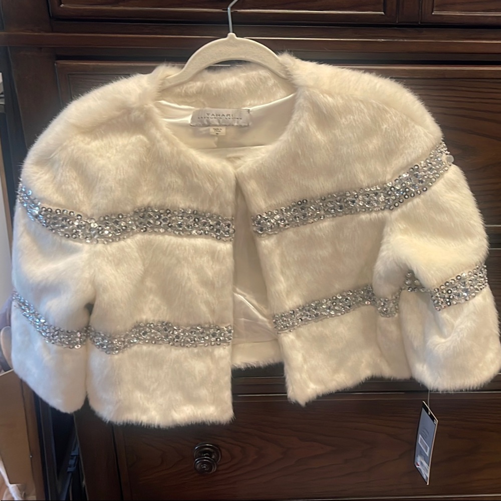 White Faux Fur Jacket with Silver Embellishments
